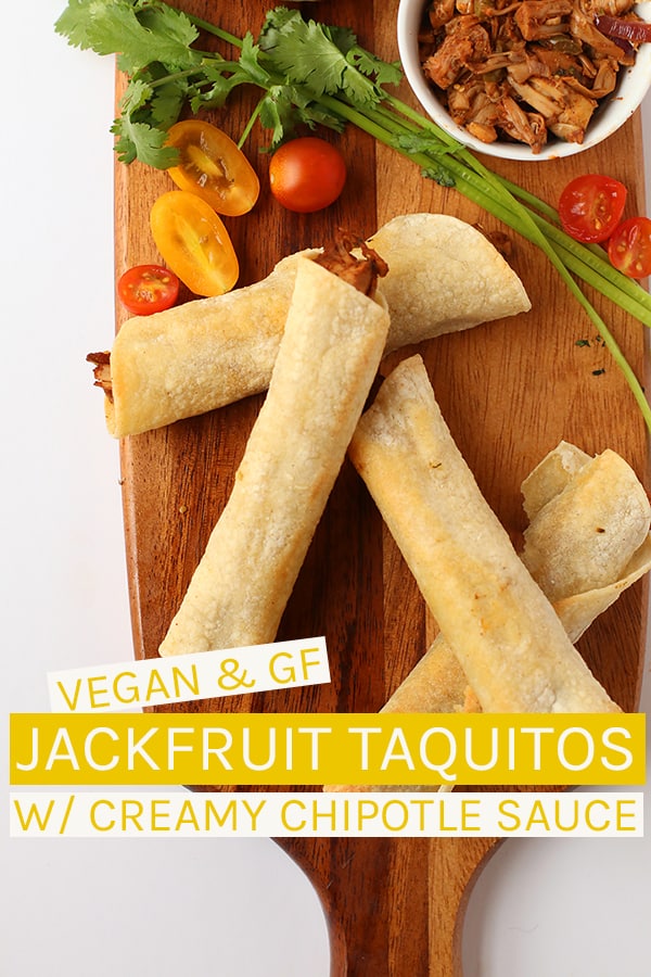 These vegan taquitos are filled with jackfruit and salsa verde and dipped in a Southwest Ranch Dressing for a delicious Cinco de Mayo snack.