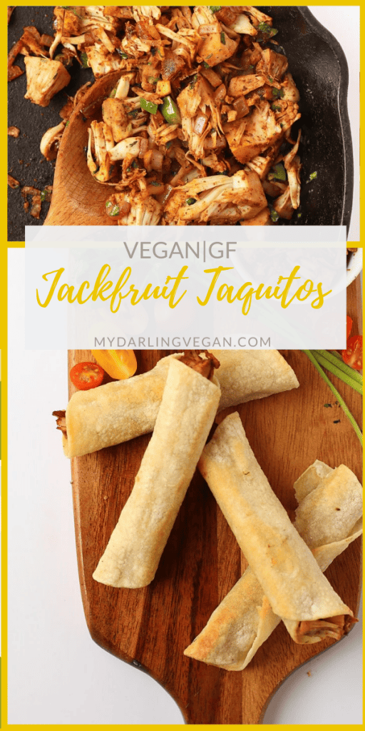 You're going to love these vegan taquitos! They are soft corn tortillas filled with seasoned jackfruit and salsa verde. So good! Dip them in a Southwest Ranch Dressing for a delicious Cinco de Mayo snack.