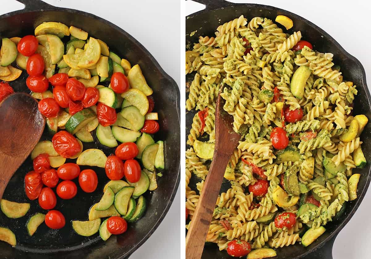 Sautéed squash, zucchini, and cherry tomatoes in a cast iron skillet