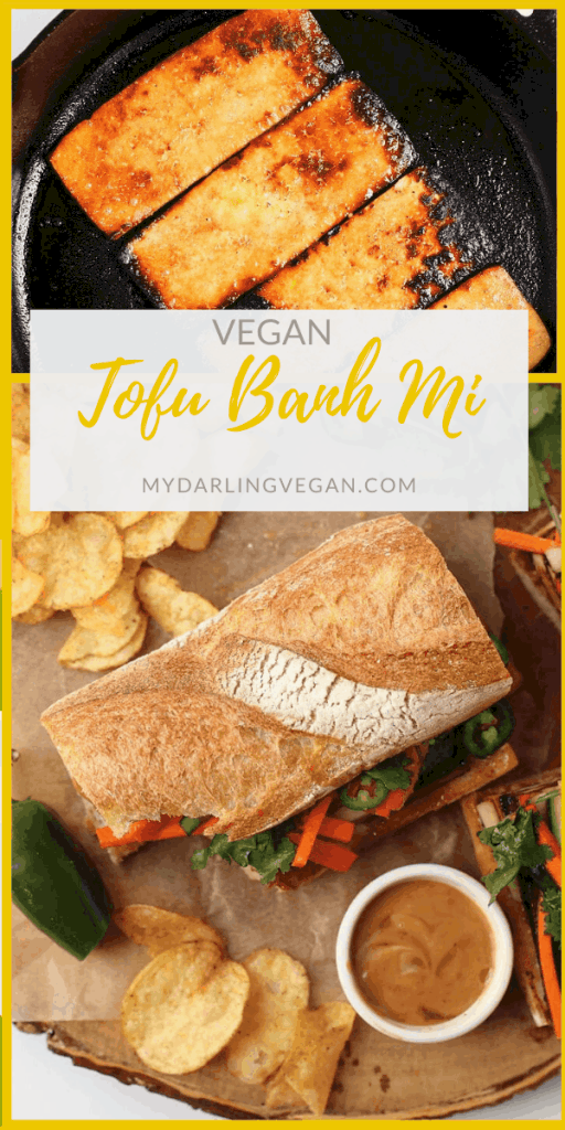Bite into this meaty and perfectly flavored Tofu Banh Mi with quick pickled carrots and cucumbers and topped with creamy Bánh Mî sauce.