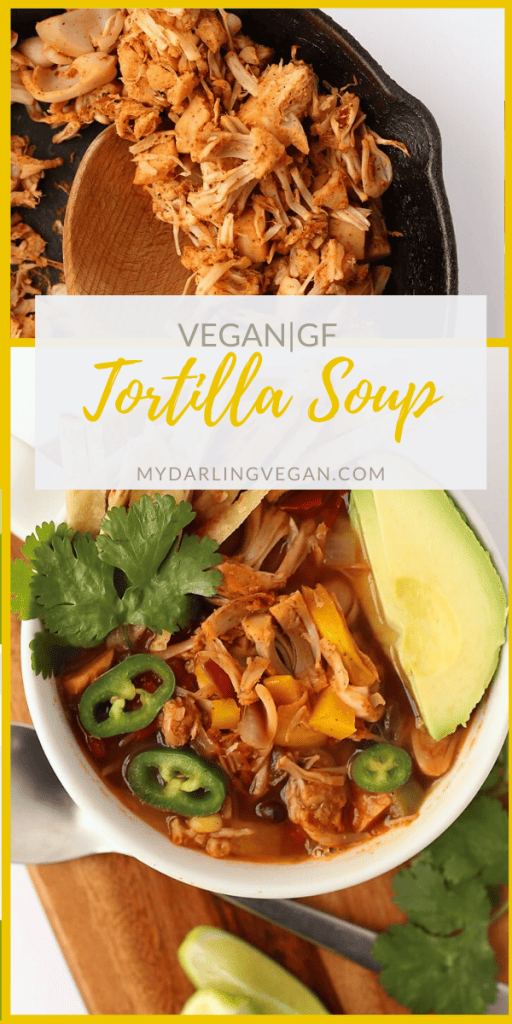 This vegan Tortilla Soup is made with seasoned jackfruit, black beans, corn, and crispy corn tortillas for an easy and delicious soup that can be made in just 30 minutes.