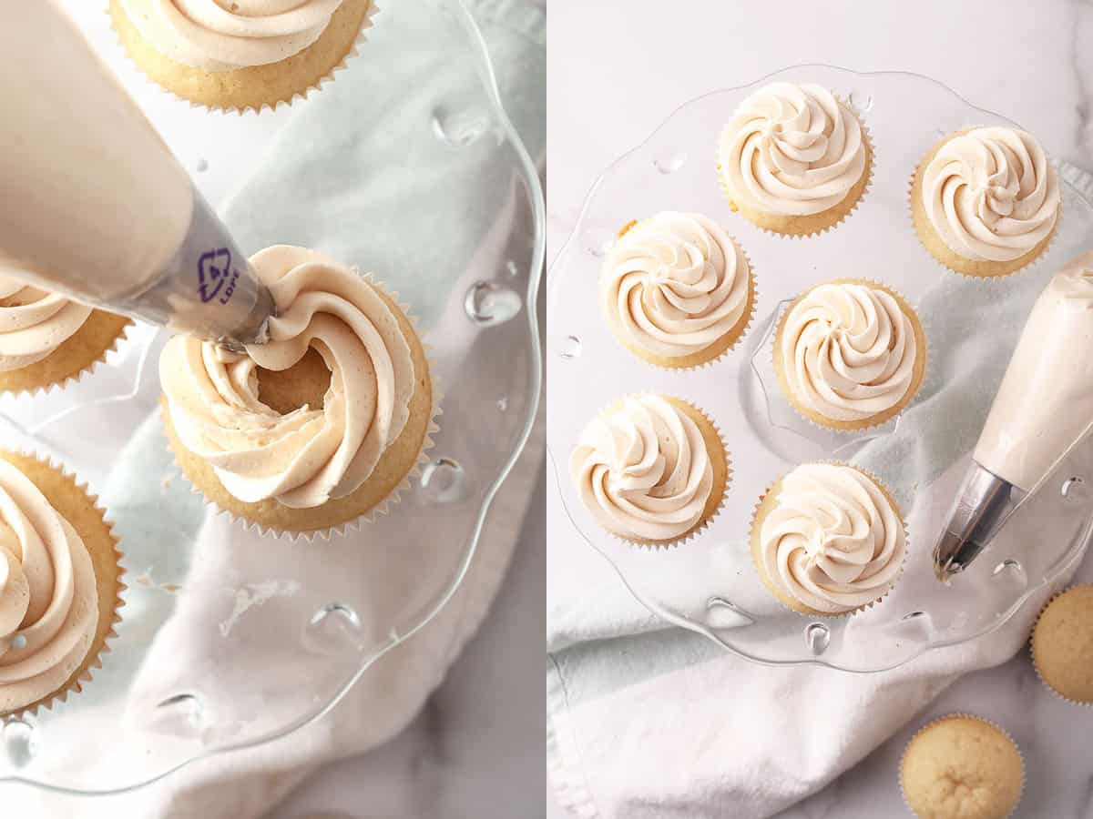 Frosting two vegan vanilla cupcakes