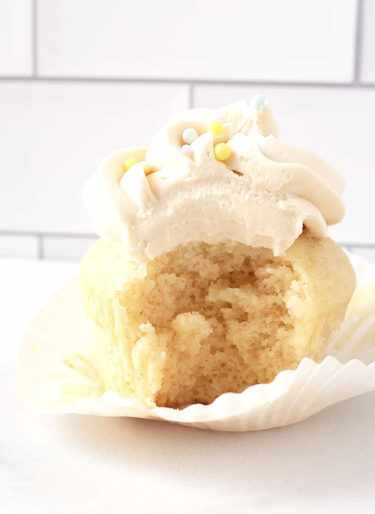 Vegan Vanilla Cupcake with bite