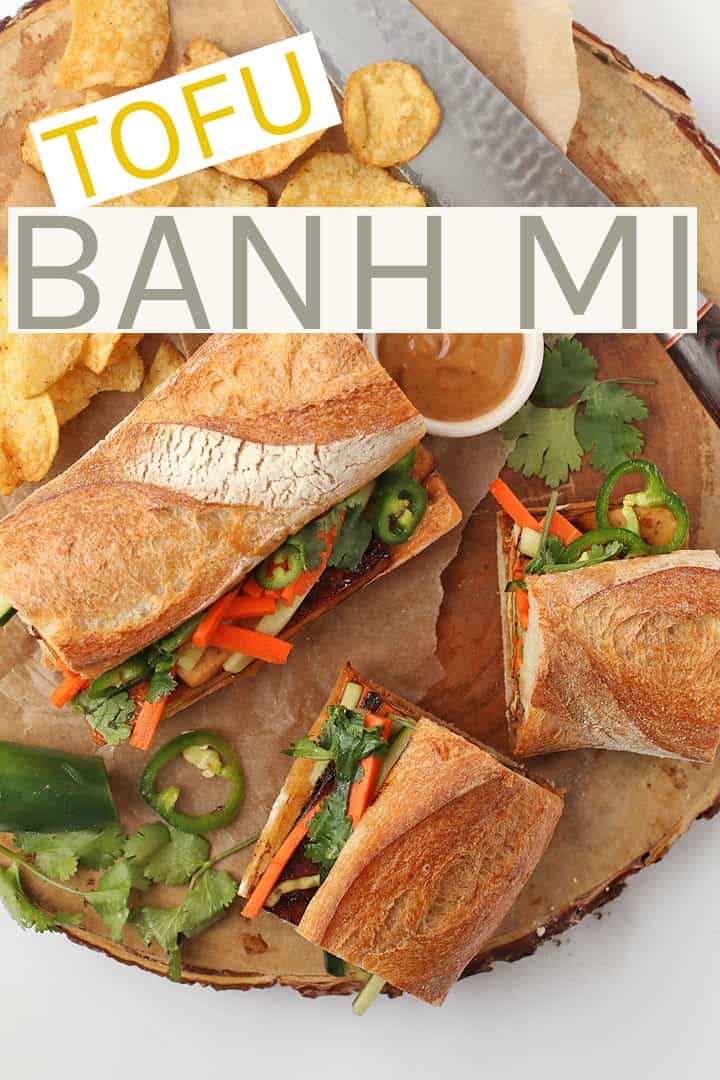 A delicious French/Vietnamese fusion, this sandwich is made with marinated tofu, fresh cucumbers and carrots, and creamy Banh mi sauce. All inside a chewy baguette for a hearty and delicious vegan lunch. #vegan #veganrecipes #tofu #mydarlingvegan