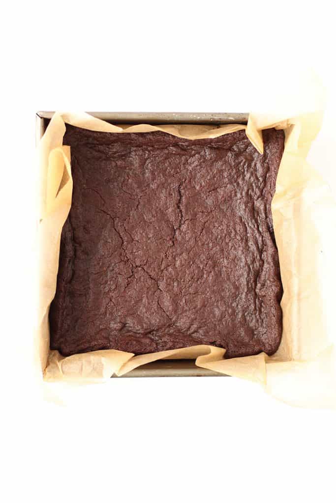 Baked brownies in a baking sheet