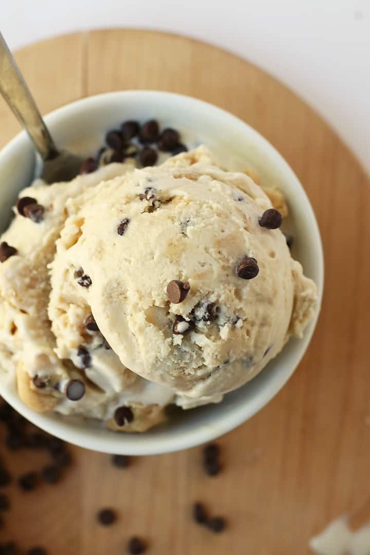 Cookie dough ice cream in a white bowl