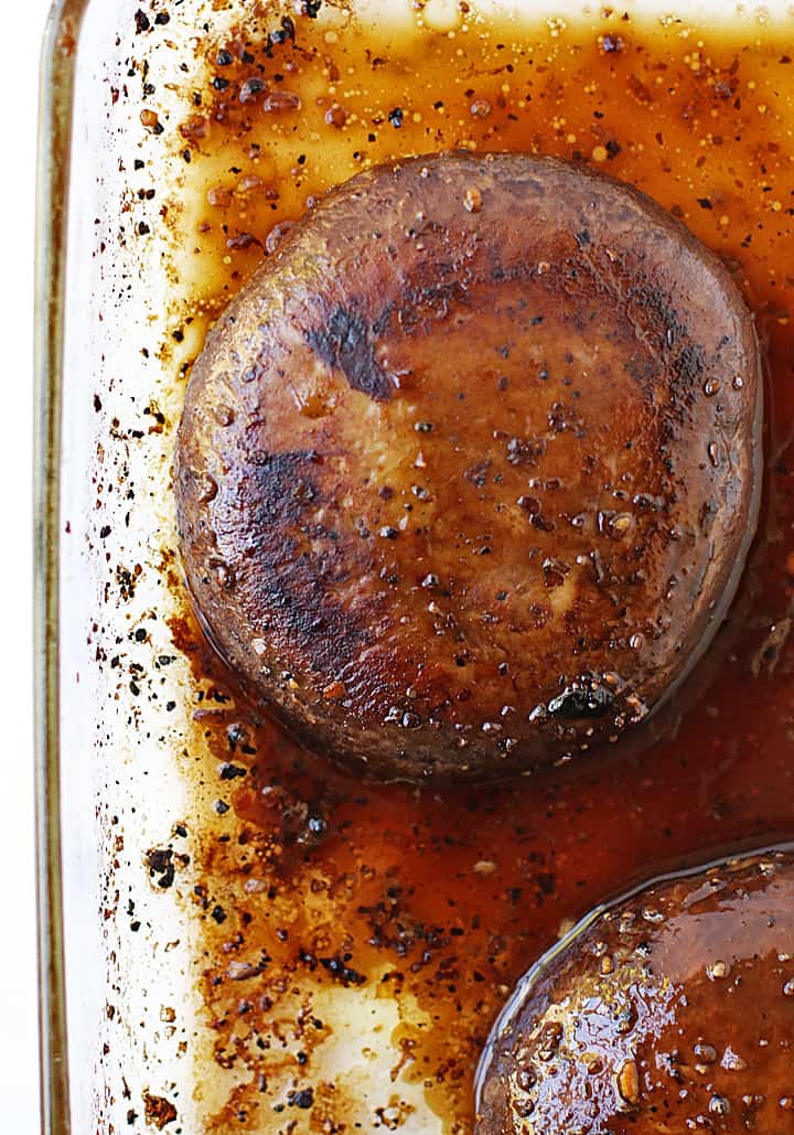 Baked portobellos in a glass casserole dish