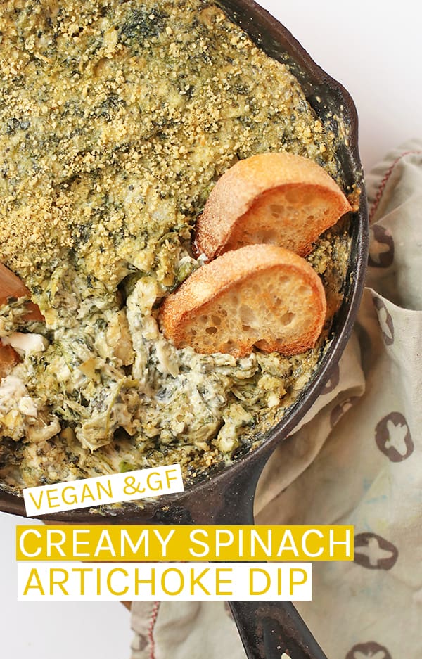 Impress all your friends with this extra creamy and rich vegan Spinach Artichoke Dip - a warm dip or spread that is perfect for your next party. #vegan #veganrecipes #veganappetizers #dips #partyfood #glutenfree #veganglutenfree