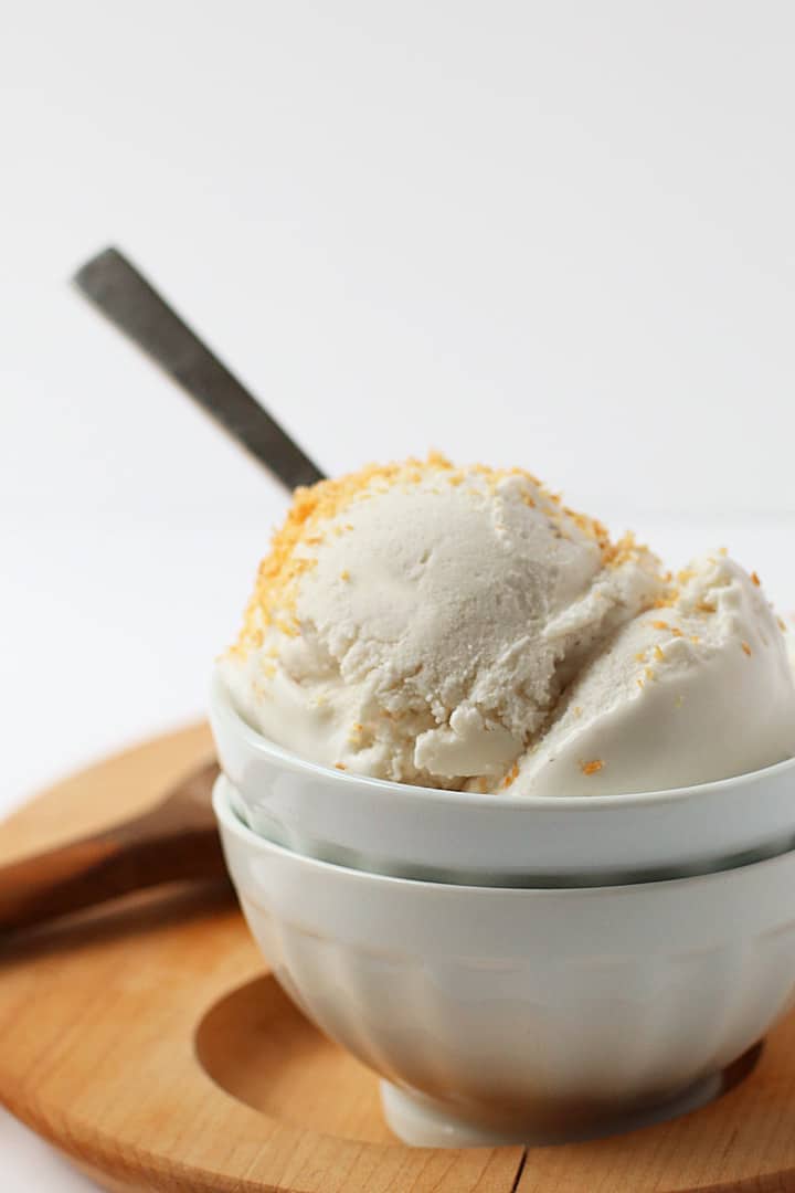 Finished ice cream in a white bowl with coconut