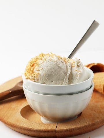 Finished ice cream in a white bowl with coconut