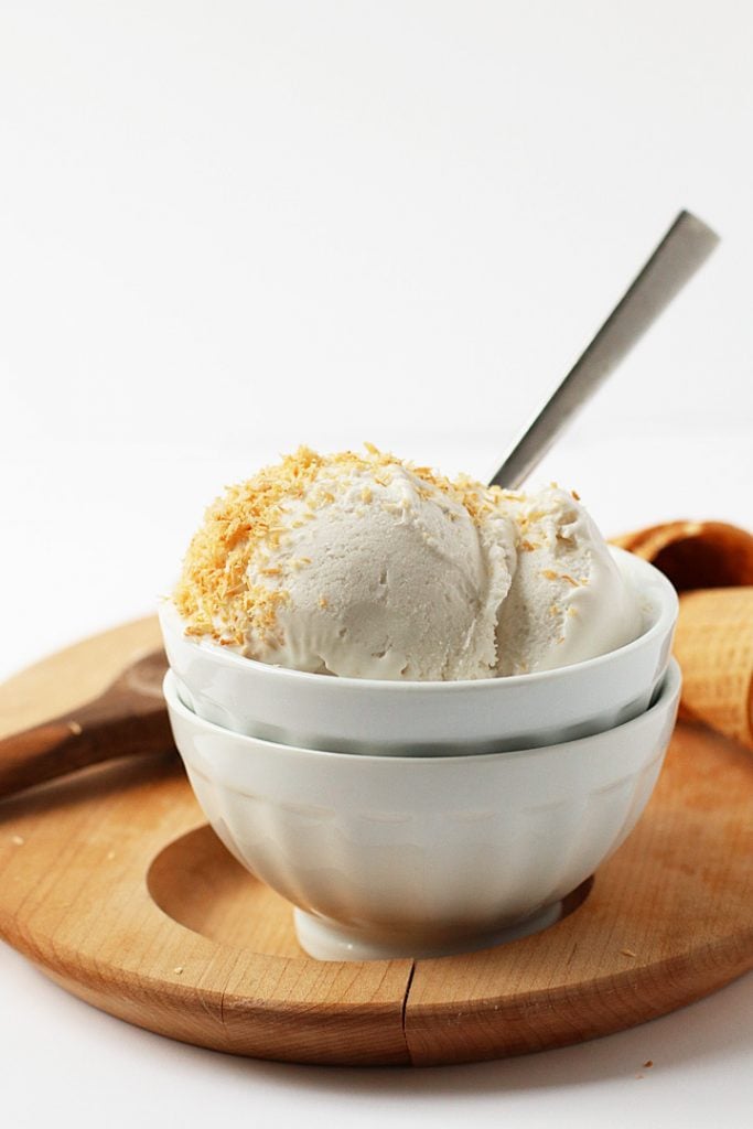 Finished ice cream in a white bowl with coconut