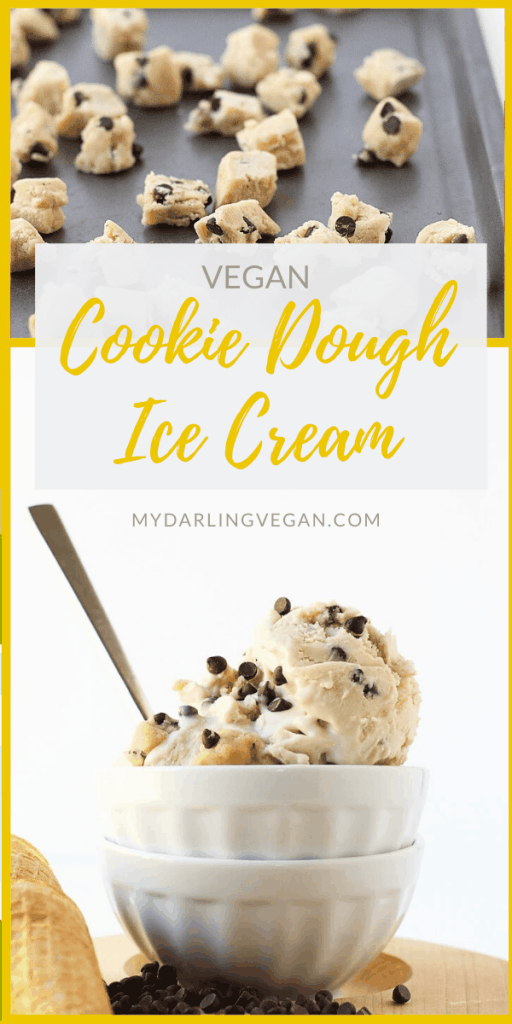 Rich and delicious, this vegan cookie dough ice cream is made from raw cashews and cashew milk. The ice cream is churned into a creamy base and filled with chocolate chip cookie dough chunks in every bite.