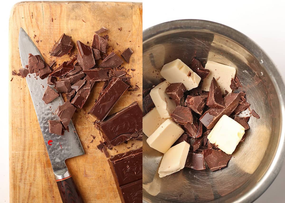 Chopped chocolate and butter in a metal bowl