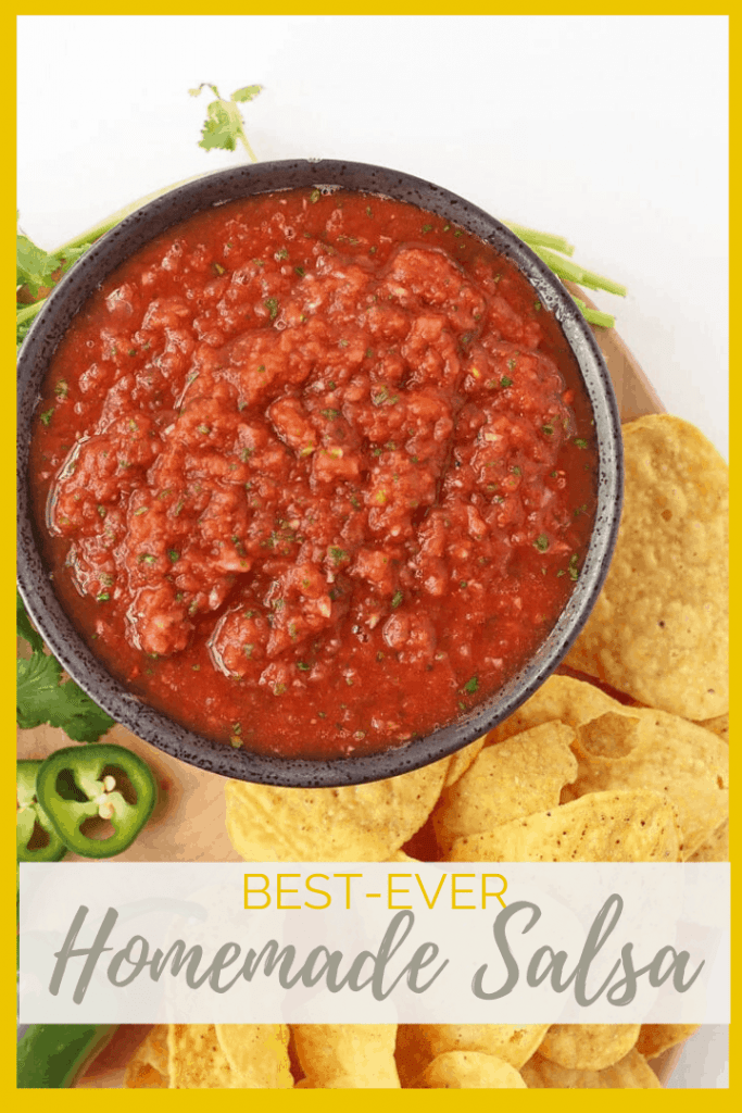 Make your salsa at home with this easy homemade salsa recipe. Made with just 8 ingredients and in under 5 minutes, you'll never need to buy your salsa at the store again.