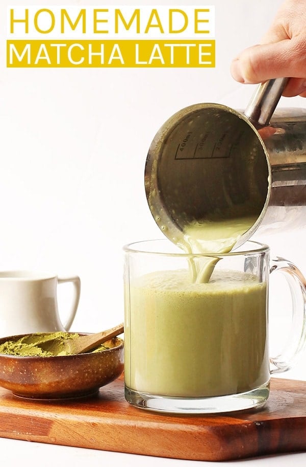 This is my go-to easy vegan matcha latte. Made with a mixture of macadamia and soy milk and flavored with a bit of maple syrup and vanilla for a sweet and calming morning beverage.