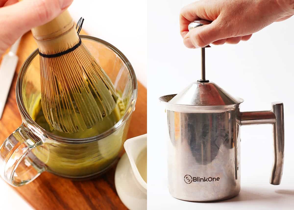 Metal milk frother next to a mug with matcha powder