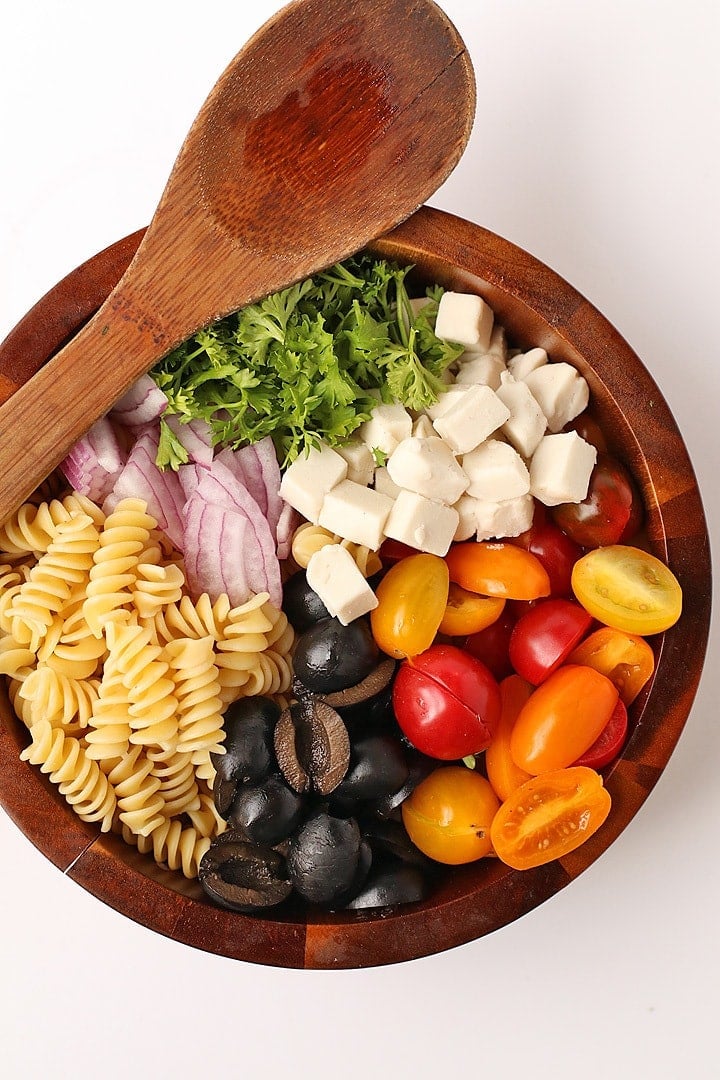 Vegan Pasta Salad in a wooden salad bowl