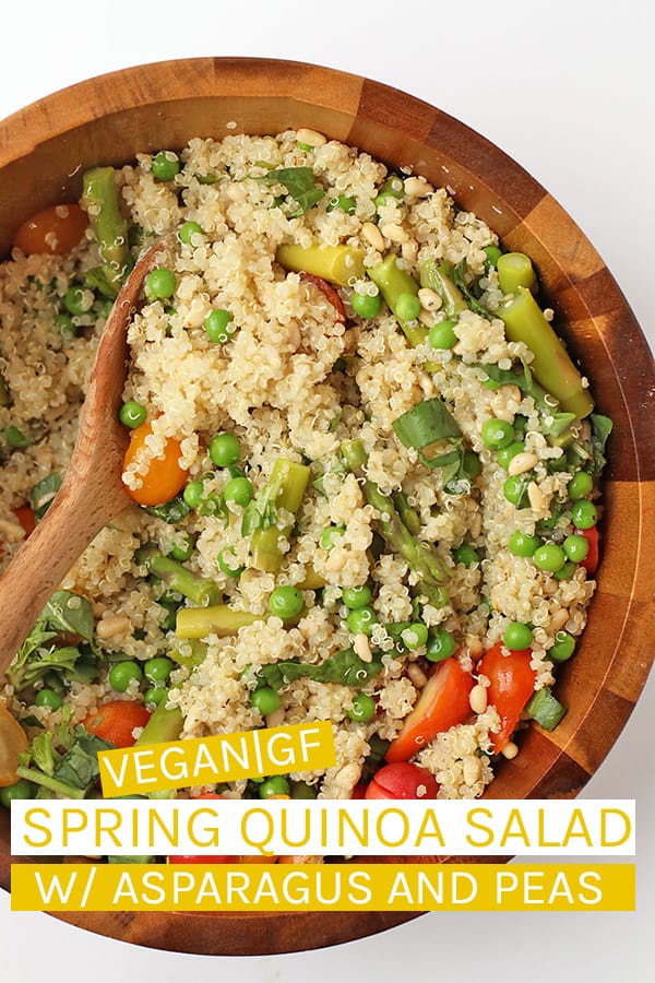 This easy vegan quinoa salad is mixed with asparagus, peas, and fresh basil then tossed in a lemony vinaigrette for a quick and simple springtime salad. Made in just 30 minutes. #vegan #glutenfree #quinoasalad #veganglutenfreerecipes #mydarlingvegan