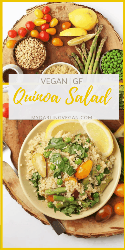 This easy vegan quinoa salad is mixed with asparagus, peas, and fresh basil then tossed in a lemony vinaigrette for a quick and simple springtime salad. Made in just 30 minutes. 