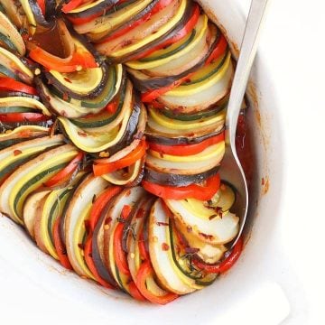 Finished ratatouille in a white baking dish