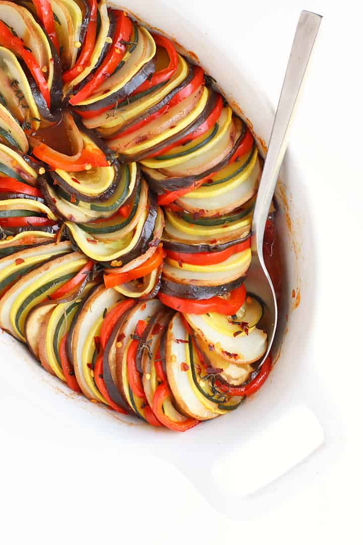 Finished ratatouille in a white baking dish