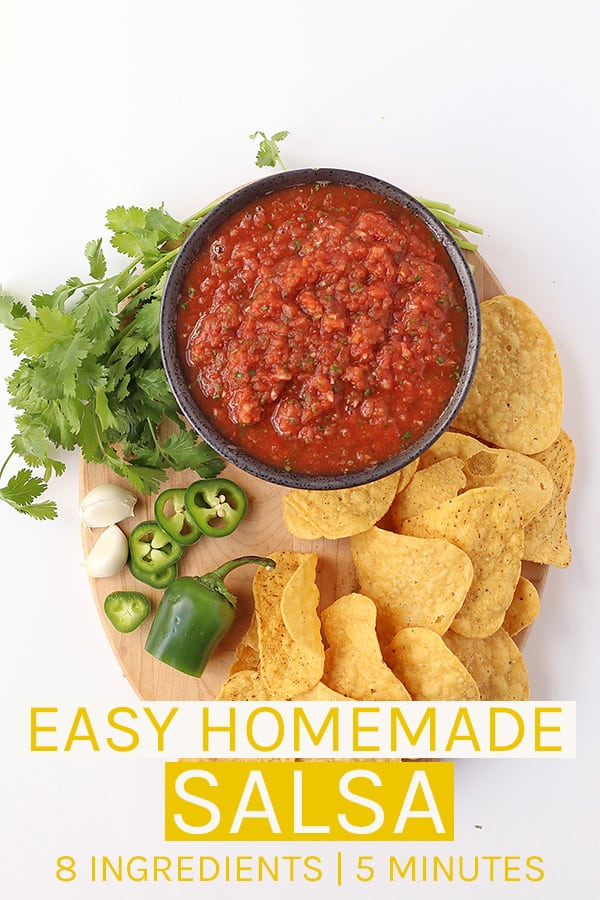 Make your salsa at home with this easy homemade salsa recipe. Made with just 8 ingredients and in under 5 minutes, you'll never need to buy your salsa at the store again.