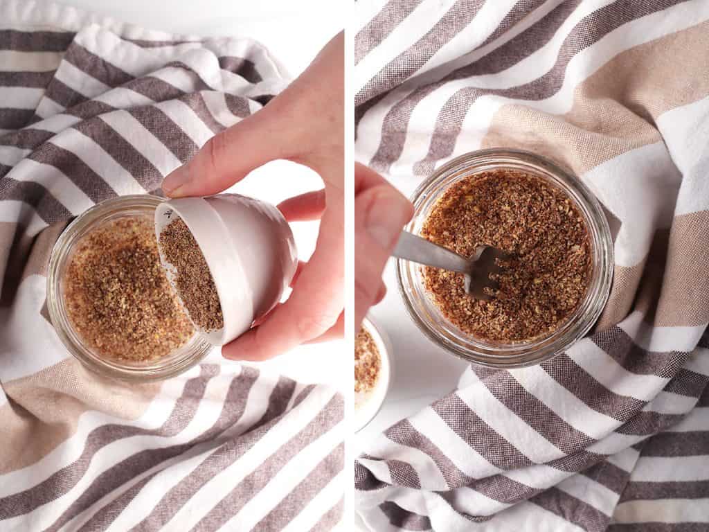 side by side images of a hand pouring ground flax into a bowl on the left, and hand stirring flax with water to make flax egg on the right