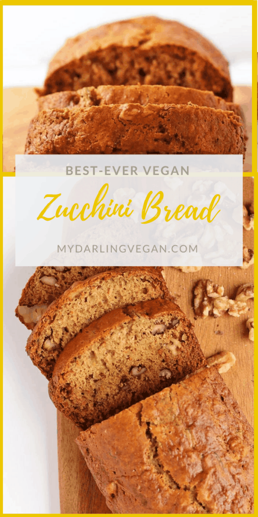 A simple and delicious vegan zucchini bread that is filled with zucchini and walnuts in every bite. Spiced with cinnamon, nutmeg, and cardamom, you're going to love the flavors in this classic bread.