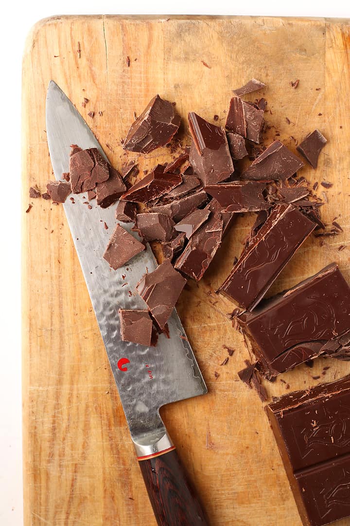 Chopped chocolate on a cutting board