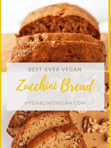 A simple and delicious vegan zucchini bread that is filled with zucchini and walnuts in every bite. Spiced with cinnamon, nutmeg, and cardamom, you're going to love the flavors in this classic bread.