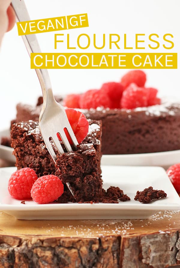 This rich and dense vegan Flourless Chocolate Cake is also gluten-free for a decadent dessert nearly everyone can enjoy. Made with just 7 simple ingredients for a quick and easy sweet treat. #vegan #vegandesserts #chocolate #chocolatecake