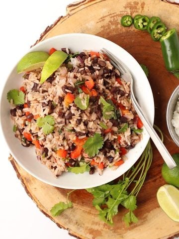 Black beans and rice in a white bowl