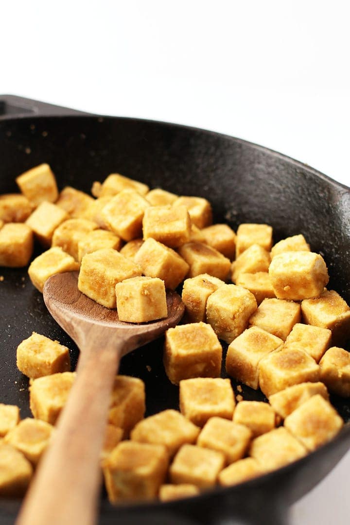 Crispy Tofu in a cast iron skillet