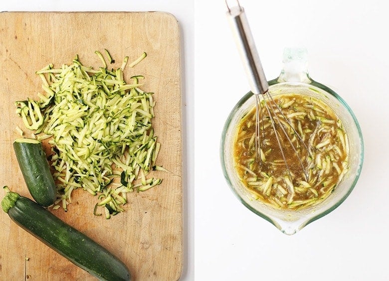 Shredded zucchini on a cutting board