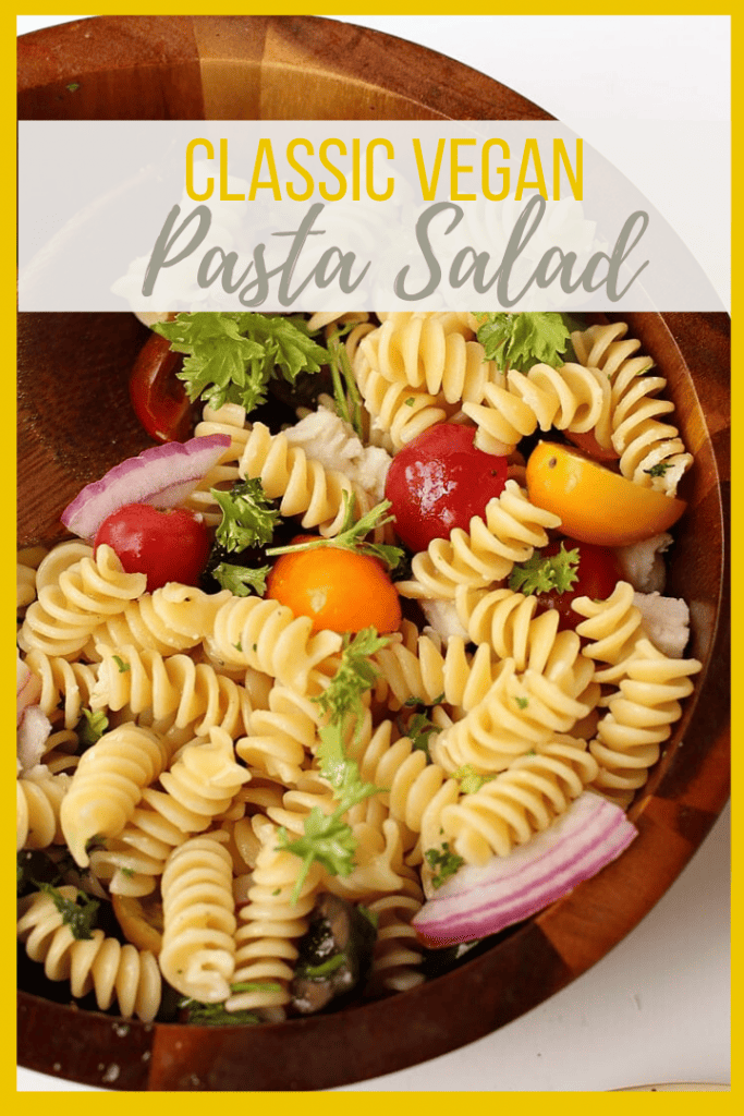 An easy Vegan Pasta Salad with olives, cherry tomatoes, and red onions all tossed in a Red Wine Vinaigrette for a quick and simple 20-minute meal.