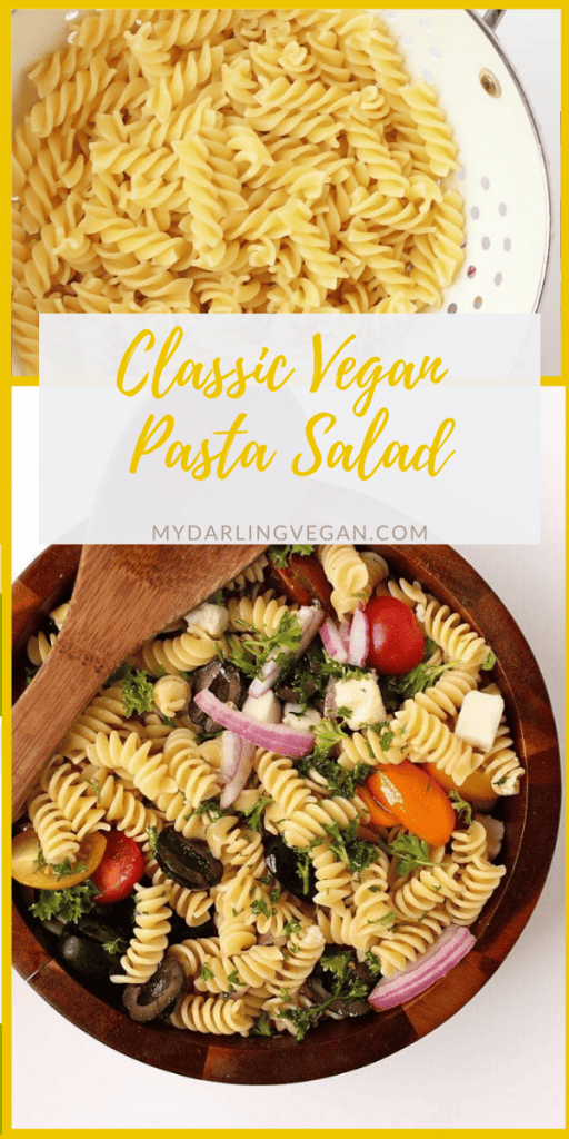 An easy Vegan Pasta Salad with olives, cherry tomatoes, and red onions all tossed in a Red Wine Vinaigrette for a quick and simple 20-minute meal.