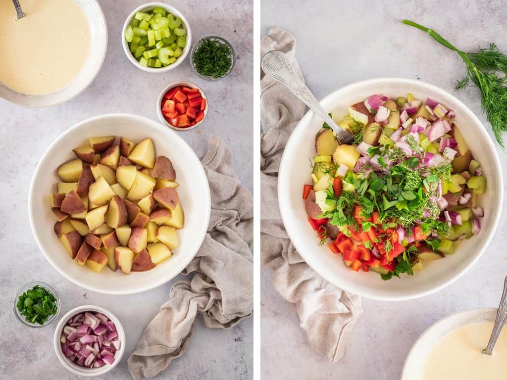 All the potatoes and vegetables chopped and placed inside a large white bowl with a serving spoon