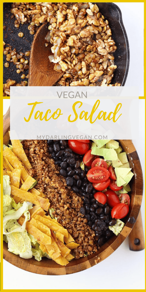 An easy and healthy Vegan Taco Salad. Made with a lentil/walnut taco meat, black beans, cherry tomatoes, and avocado and dressed with creamy avocado salsa for a wholesome, plant-based, gluten-free meal.