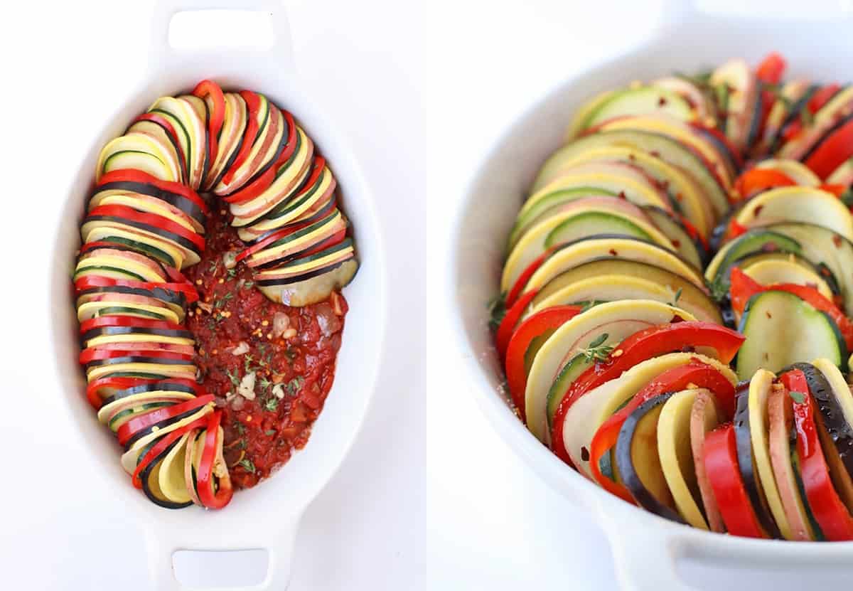 Thinly sliced vegetables stacked inside a white baking dish