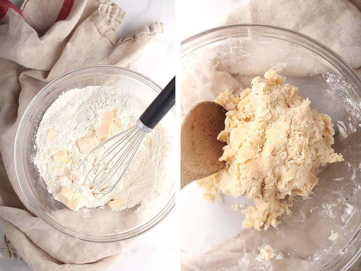 Biscuit dough in a glass mixing bowl