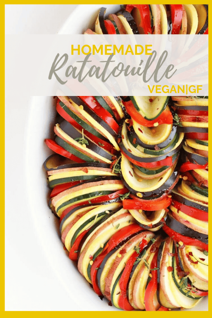 This ratatouille recipe is made with thinly sliced squash, bell peppers, eggplant, and potatoes, all cooked in a homemade marinara sauce for a delicious naturally vegan and gluten-free dinner. 