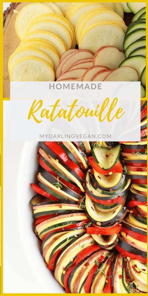 This ratatouille recipe is made with thinly sliced squash, bell peppers, eggplant, and potatoes, all cooked in a homemade marinara sauce for a delicious naturally vegan and gluten-free dinner. 