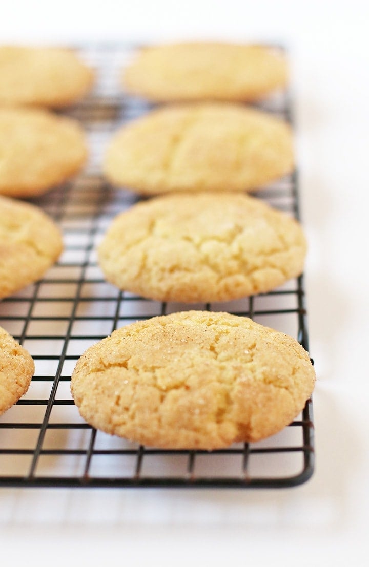 Vegan Snickerdoodles on a cooling rack.