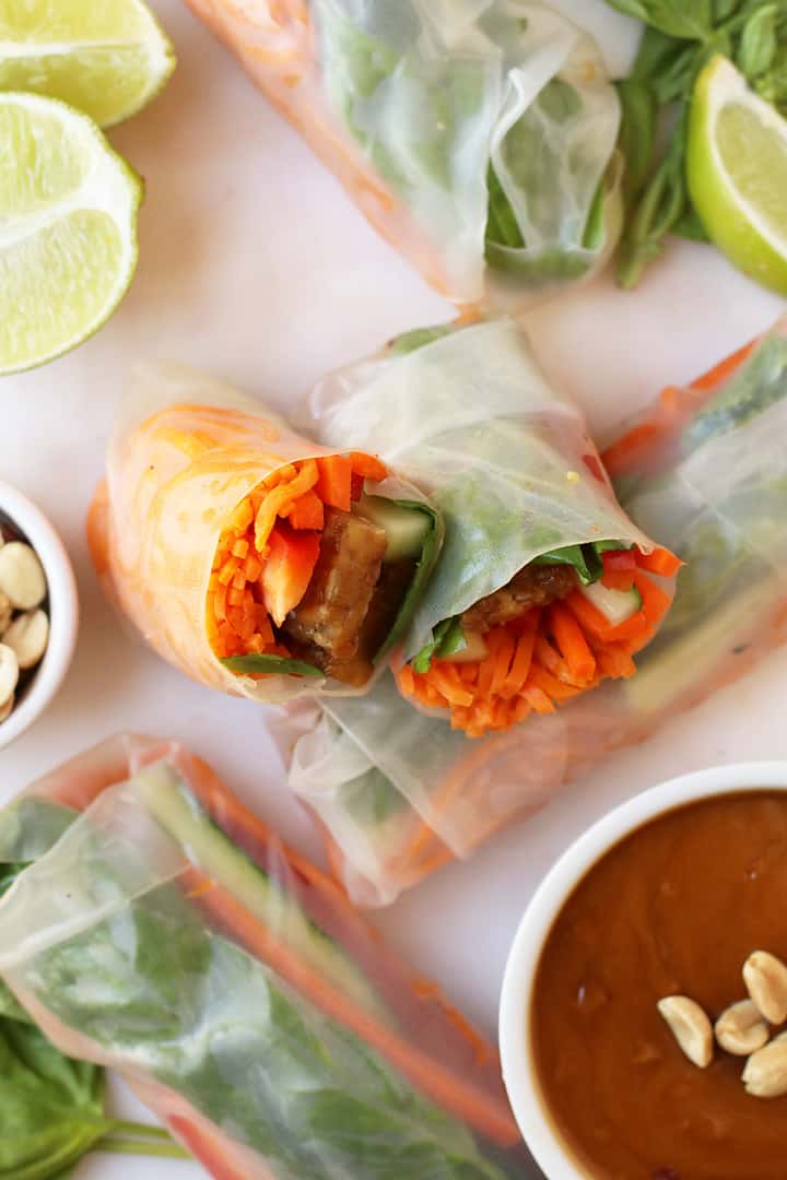 Vietnamese Spring Rolls cut in half with Tempeh.