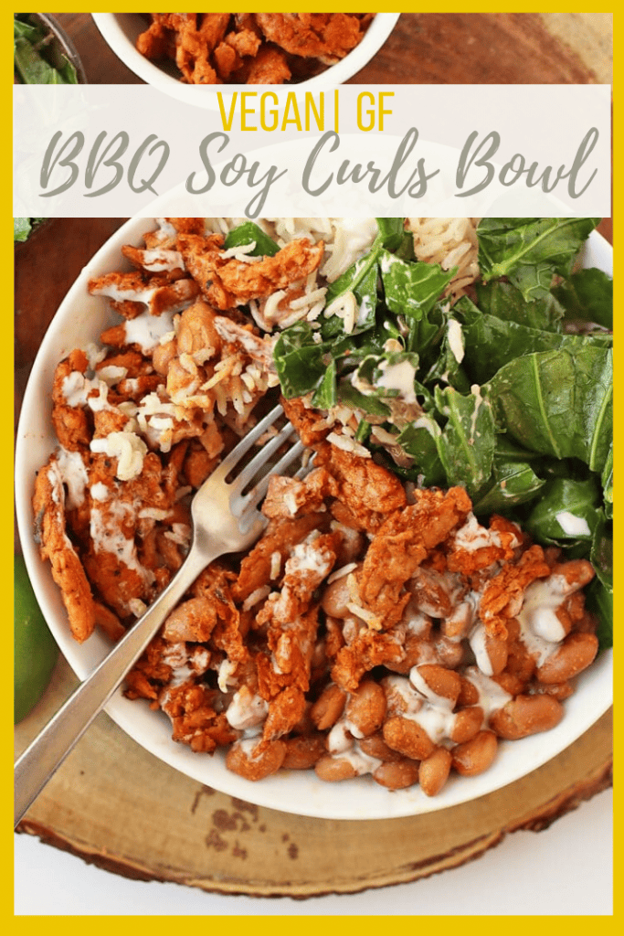 A hearty dinner bowl made with soy curls cooked in homemade BBQ sauce, pinto beans, collard greens, and homemade ranch dressing. Made in just 30 minutes for a delicious weeknight meal.