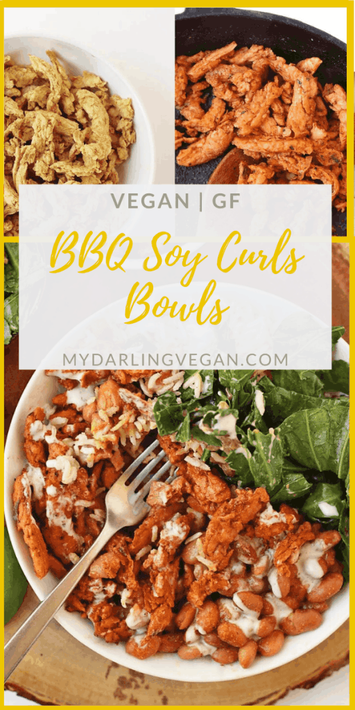 A hearty dinner bowl made with soy curls cooked in homemade BBQ sauce, pinto beans, collard greens, and homemade ranch dressing. Made in just 30 minutes for a delicious weeknight meal.