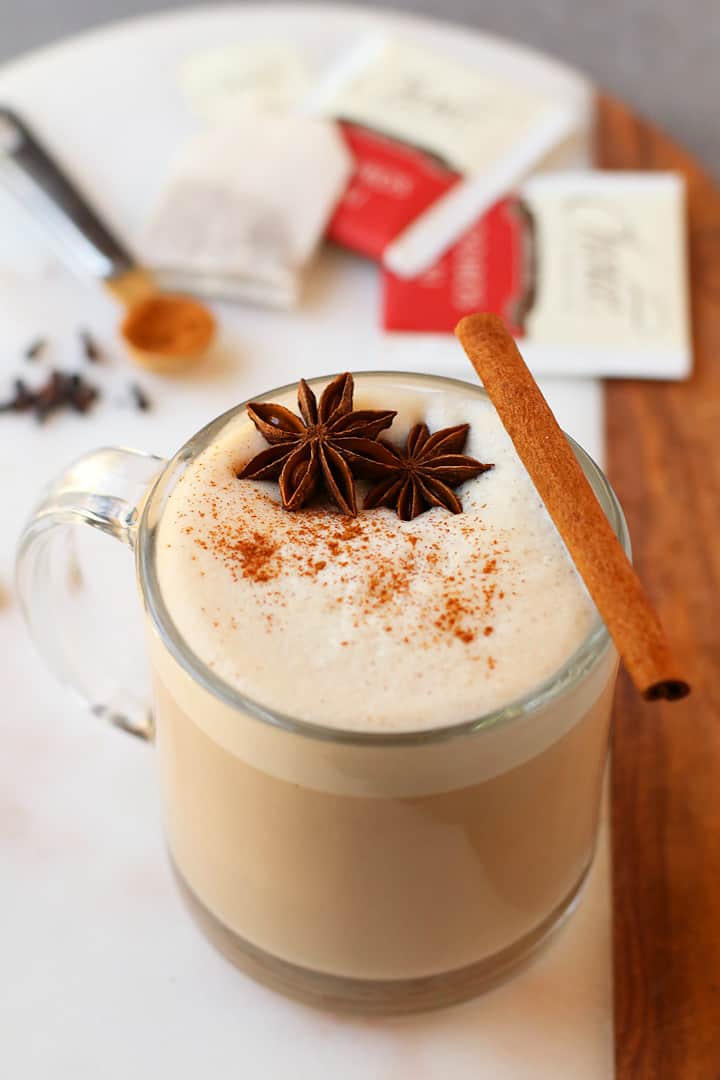 Homemade Chai Latte with a cinnamon stick