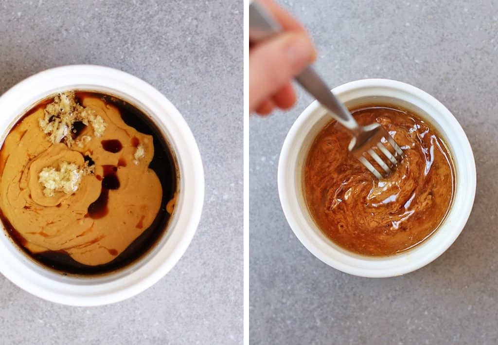 side by side image of Peanut sauce ingredients in a small bowl and a hand whisking the ingredients together with a fork