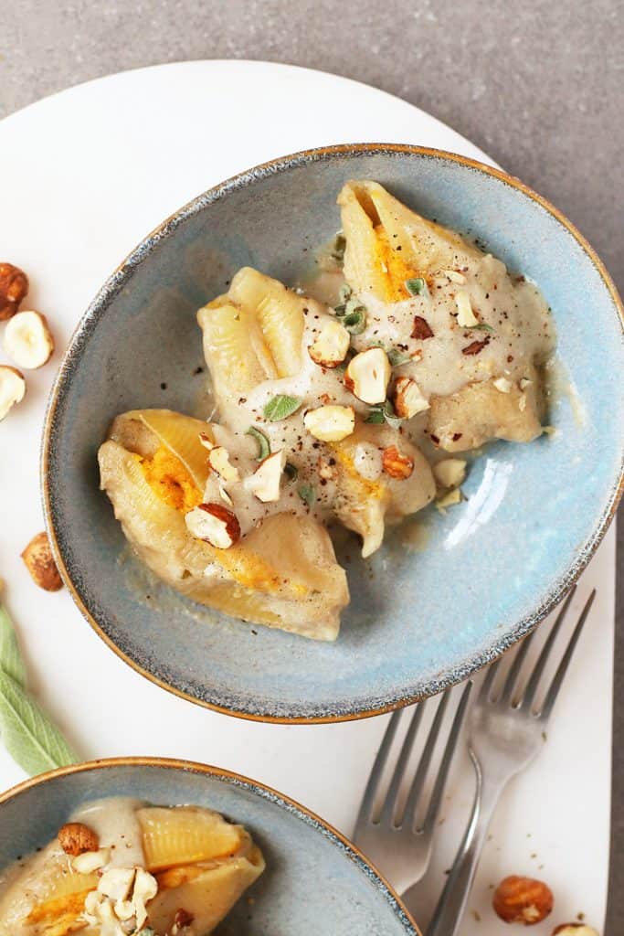 Pumpkin Stuffed Shells with hazelnuts and fresh sage