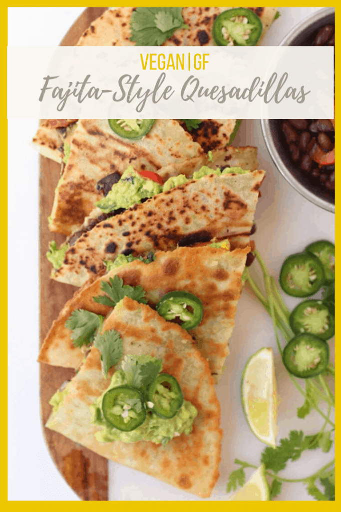 Fully Loaded Vegan Quesadillas – filled with fajita grilled vegetables, black beans, and guacamole and topped with fresh cilantro and jalapeños. Cooked inside a Mission® Gluten Free Soft Taco Tortilla for a delicious vegan and gluten-free meal. 